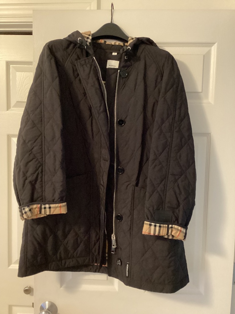 Authentic Women’s Burberry Black Hooded Coat with Classic Nova Check Size Large